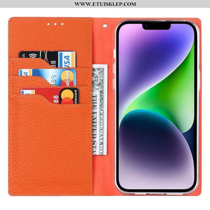 Etui Na Telefon do iPhone 14 Plus z Łańcuch Etui Folio Oryginalny Skórzany Pasek Litchi